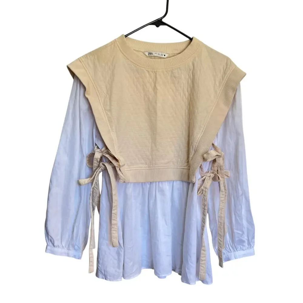 Zara Quilted Vest Layered Top White Flowy Blouse Cream Overlay Side Ties Office